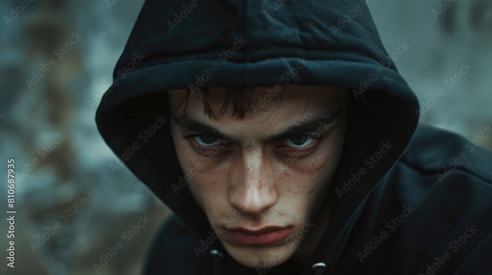 Intense young man in hooded jacket on urban street. Intense young man in hooded jacket on urban street.