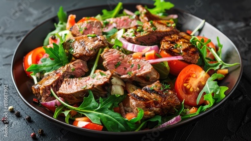 Asian-style beef salad with vegetables on dark plate.