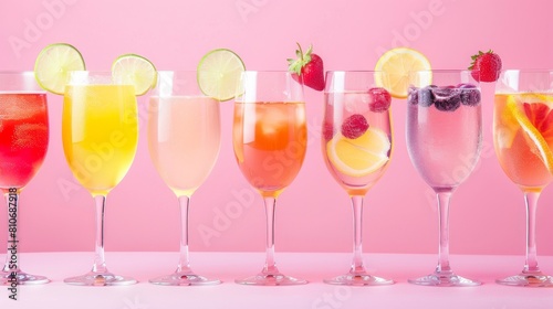 A row of colorful drinks with ice and fruit garnish