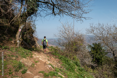 Jovem turista a caminhar numa trilha pedregosa na montanha em meio a algum arvoredo photo
