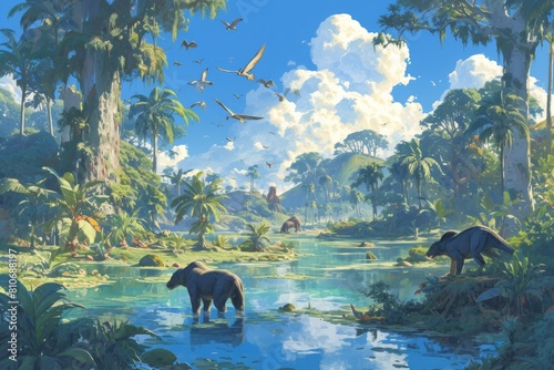 Mysterious and utopian ancient jungle brought to life in a stunning paleoart mural, rich with tropical wildlife.  © Tor Gilje
