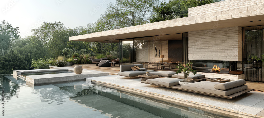Modern house with pool and outdoor fireplace, interior design of modern living room in the style of wood. Created with Ai
