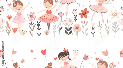 A charming seamless pattern featuring diverse ballerinas in various dance poses, surrounded by a lush array of stylized flowers. Ideal for children's room decorations, apparel, or crafting projects.