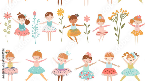 A heartwarming seamless pattern of little ballerinas in colorful tutus dancing through a whimsical garden of spring flowers, ideal for children's apparel, room decor, or playful stationery.