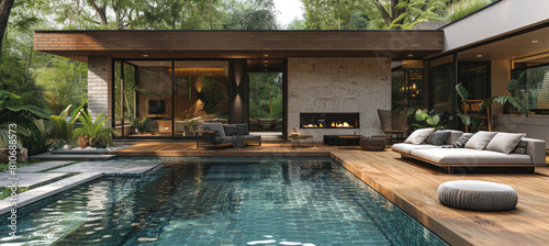  A modern house with an outdoor pool and sofa, featuring greenery and trees in the background. Created with AI © Seema