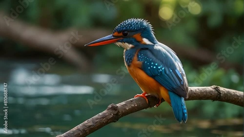 A colorful kingfisher with a long beak perches on a branch, surveying its watery hunting ground. Generative AI photo