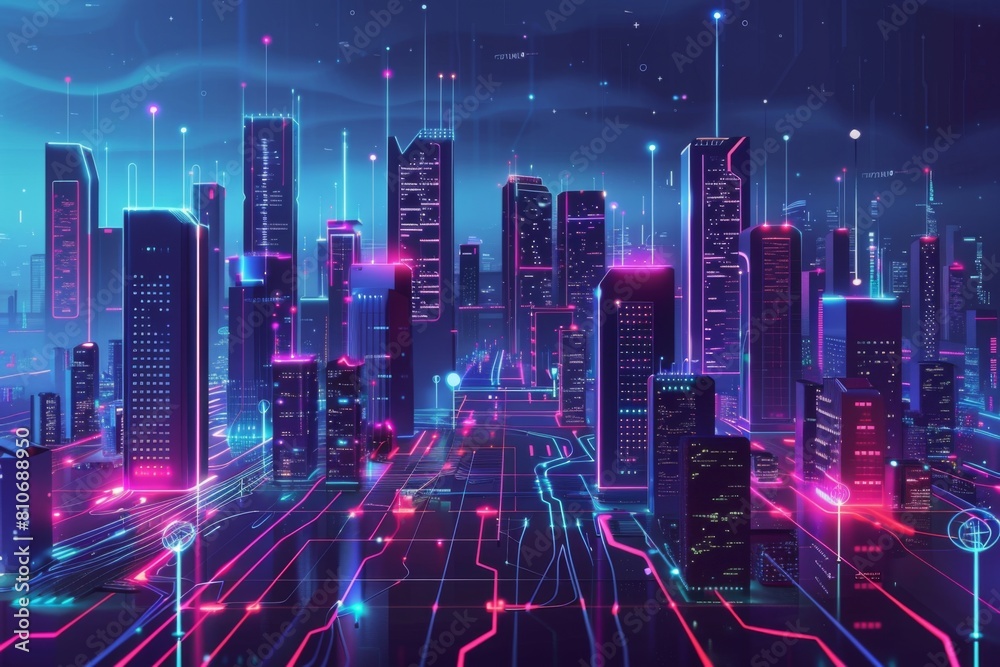 Futuristic smart city skyline with glowing lights