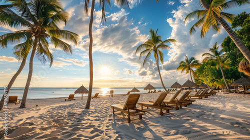 View of beach with palms and comfortable sun loungers photo