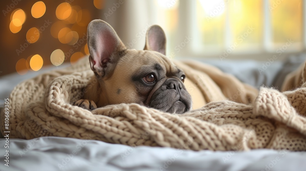 Cozy French Bulldog Relaxing in Warm Blanket with Soft Lighting