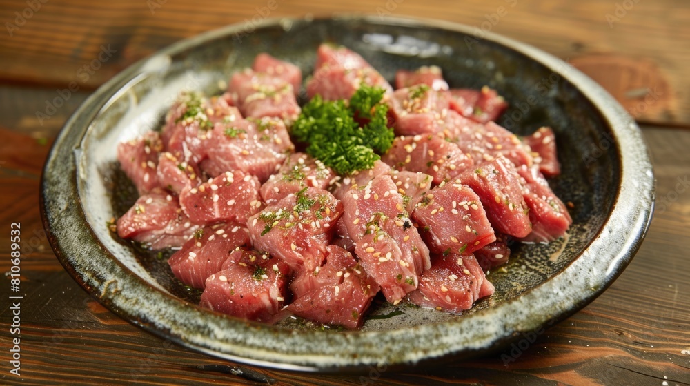 Raw diced meat seasoned with spices and rosemary.