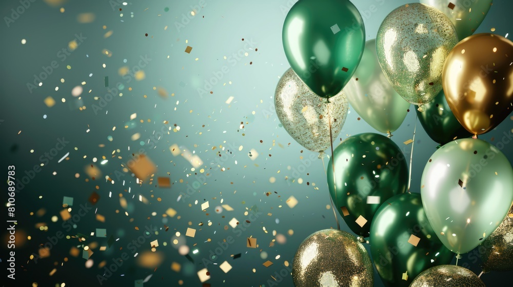 custom made wallpaper toronto digitalSparkling green and gold balloons with confetti on teal background.