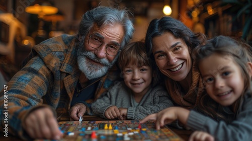 Multigenerational family playing a board game together.