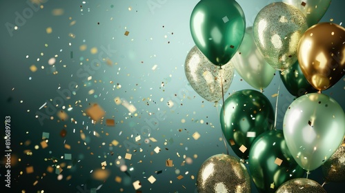 Sparkling green and gold balloons with confetti on teal background.