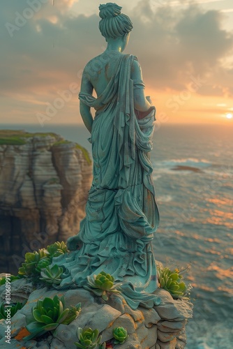 The earth goddess  mythological and serene  overlooks the ocean against a backdrop of enchanting fairy magic.Tilt-shift ultra HD  8k  super macro photography  