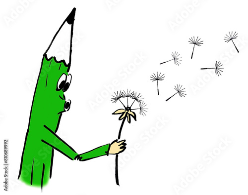 Dandelion blowing seeds of dandelion, drawn illustration.
