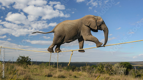 Elephant Walking On Rope, Outdoors .Generative AI