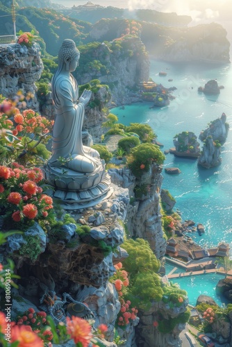 This enchanting artwork portrays an earth goddess amidst a fairyland paradise overlooking the ocean.Tilt-shift ultra HD, 8k, super macro photography,  photo