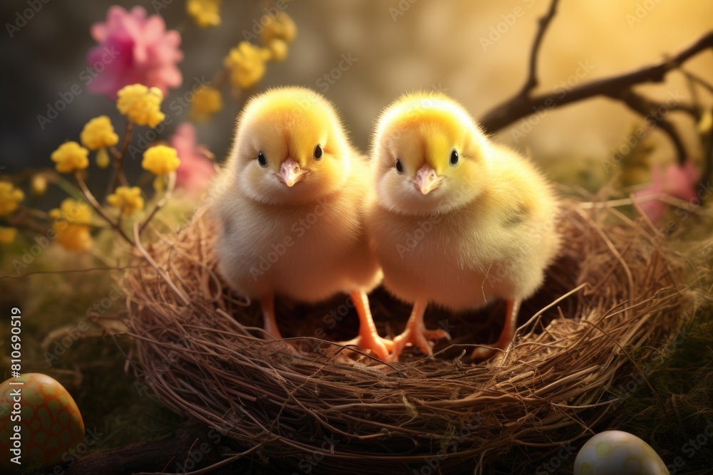 Adorable Chicks in a Wicker Basket Amongst Daisies