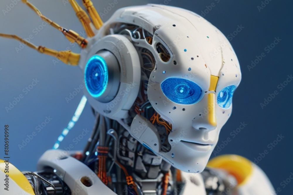 Humanoid robot I.A. With wires in the brain, working on the realistic hologram, white, orange and purple colors mixed in the real high-definition photo background Humanoid robot I.A. With wires in the brain, working on the realistic hologram, white, orange and purple colors mixed in the real high-definition photo background