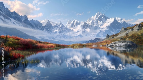  A tranquil lake nestled among snow-capped mountains, reflecting the towering peaks and colorful alpine meadows. . 
 photo