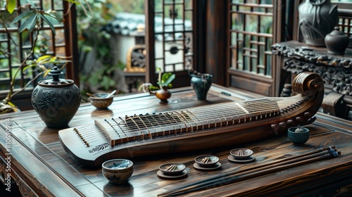 Chinese Classical Set Show an erhu, pipa, and guzheng, representing the elegant and historical sounds of Chinese classical music photo