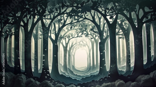Detailed paper-cut artwork of a forest scene + Multi-dimensional paper kirigami craft, symmetric composition --ar 16:9 --v 6 Job ID: d638cc04-04f9-48ba-adaf-0032703562cb