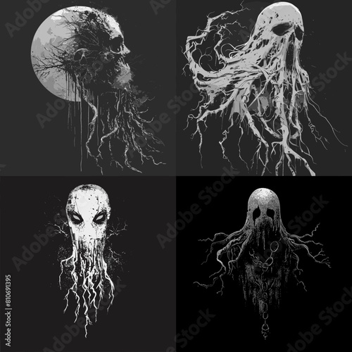 Surreal horror art of ghostly creatures with root-like tentacles, dark fantasy spirits merging with nature, perfect for gothic, occult, or eerie mystical themes.

