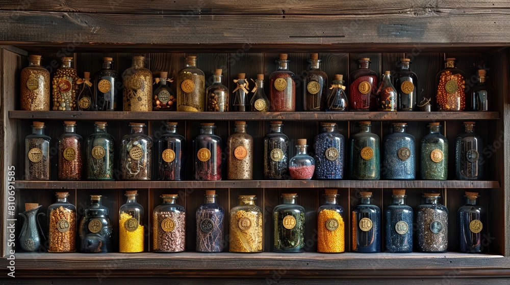 Potion Bottles with Economic Labels Depict a witch s shelf stocked with potion bottles labeled with economic terms like Inflation, GDP growth, and Recession