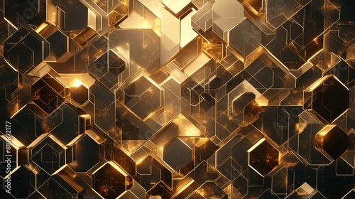Futuristic 3D Geometric Shapes with Illuminated Gold, Brown, Grey, and Black Hexagons | 4K HD Wallpaper photo
