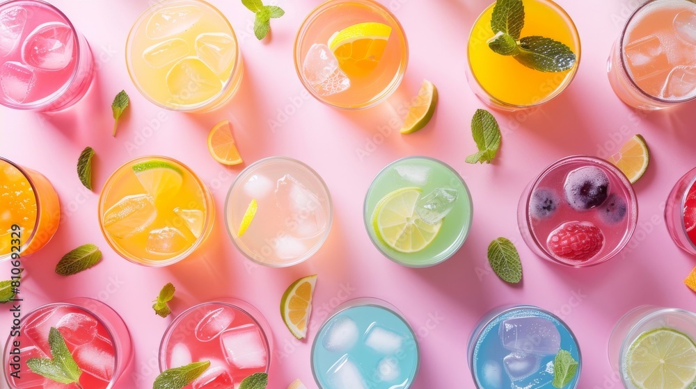 A row of colorful drinks with ice and fruit garnish A row of colorful drinks with ice and fruit garnish