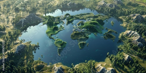 A lake with the shape of the world s continents in the middle of untouched natural island forest 