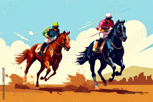 Jockeys riding racehorses on a fast speed, set of flat style vector illustrations, © law