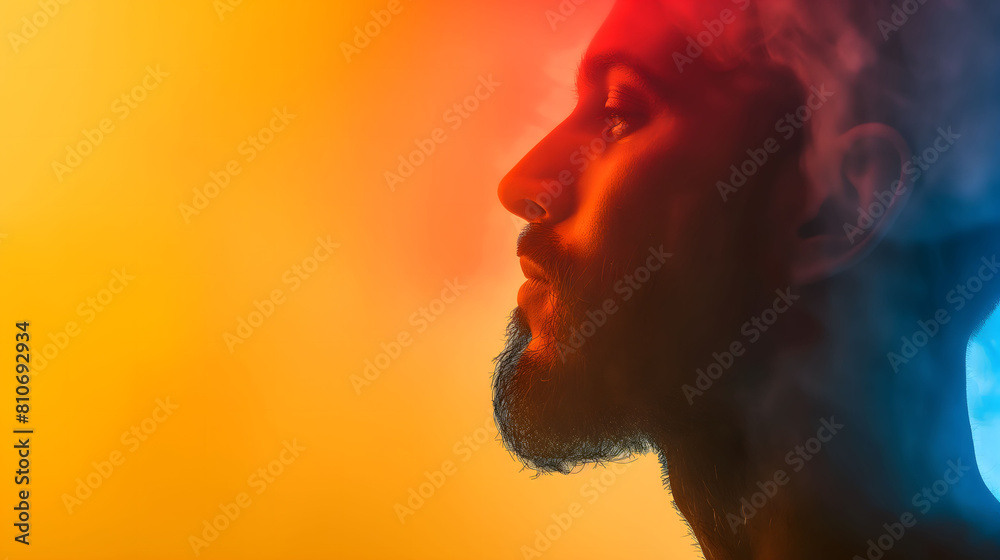A vivid illustration of a man in profile with a beard, set against an orange to blue gradient background, evoking a mood of contemplation and contrasting emotions
