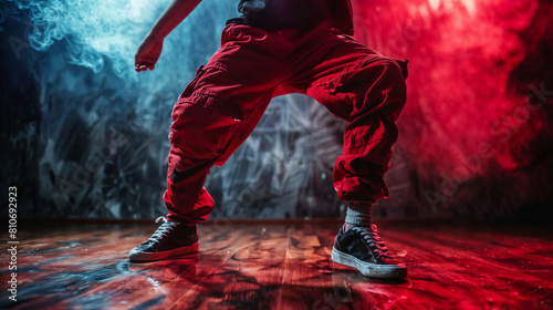  Hip Hop dancer's legs closeup. Dancer dancing on a stage in neon colors. The young man is likely showcasing his dancing skills in a performance setting. 