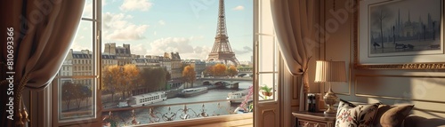 Parisian luxury hotel room with a view of the Eiffel Tower. The room is decorated in a classic style with parquet floors, high ceilings, and large windows. © Chanoknan
