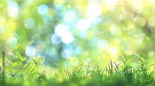 A fresh spring sunny garden background of green grass and blurred foliage bokeh.