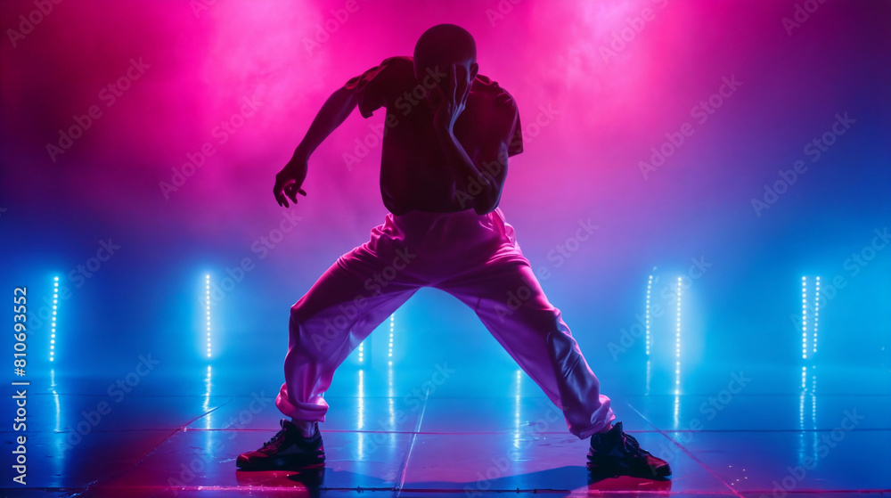 Hip Hop dancer dancing on a stage in neon colors. The young man is likely showcasing his dancing skills in a performance setting. Modern dance, clothing, performance art, and music.