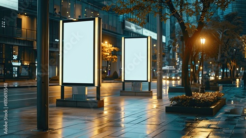 Two large white billboards are lit up in the rain