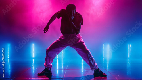 Hip Hop dancer dancing on a stage in neon colors. The young man is likely showcasing his dancing skills in a performance setting. Modern dance, clothing, performance art, and music.