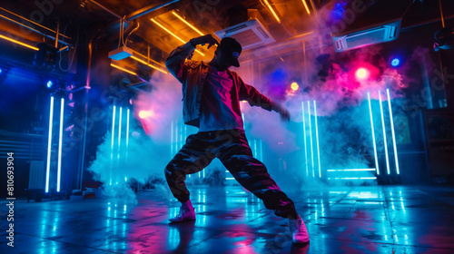 Hip Hop dancer dancing on a stage in neon colors. The young man is likely showcasing his dancing skills in a performance setting. Modern dance, clothing, performance art, and music.