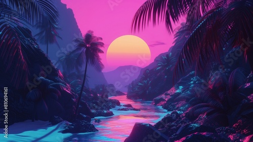Na obrazie przedstawiony jest tropikalny zachód słońca z palmami. Scena ukazuje intensywne kolory zachodu słońca, palmowe drzewa w cieniu, oraz spokojne morze w oddali photo