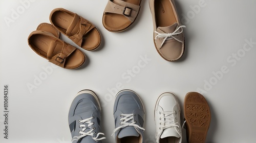 Top view of sandals, moccasins and sneakers at white background.generative.ai