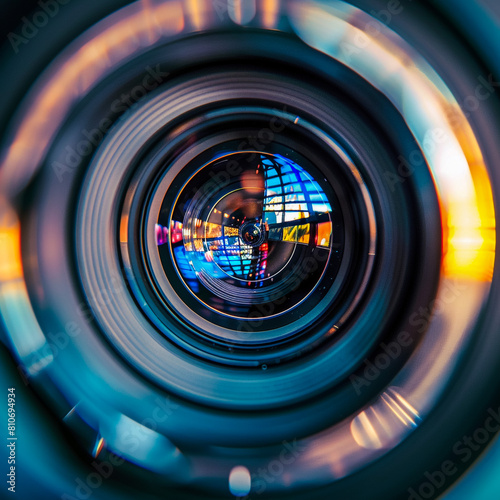 A close up of the lens of a black camera with the reflection of a busy city street in the lens.

