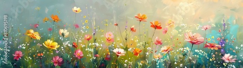 Watercolor style wallpaper delicate flowers sway in the breeze, their petals a riot of color against the verdant backdrop of the countryside. © BlockAI