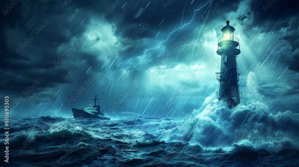 Illustration of sea midnight landscape. Lighthouse in stormy weather and a ship.