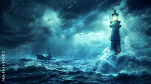 Illustration of sea midnight landscape. Lighthouse in stormy weather and a ship. © bit24