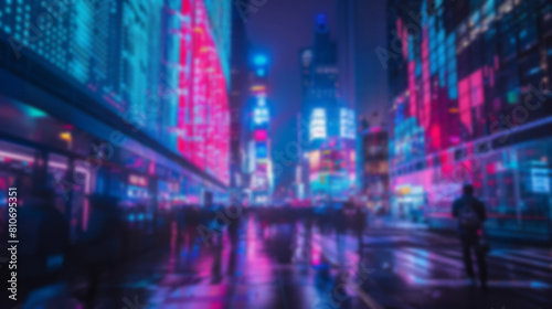 Skyline pulsing with stock market charts, neon glow over metropolitan bustle