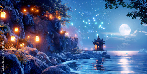 Rocky seashore, lanterns, sea and moon lights. Mystery night asian landscape
