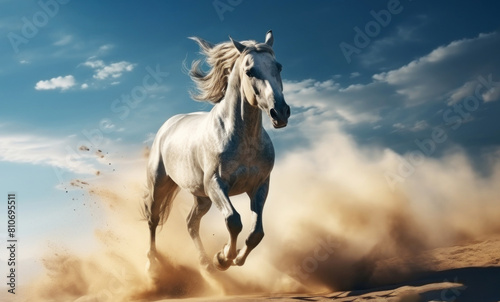 Grey Arabians horse run gallop in dust aganist blue sky. Fast and strong animal © bit24