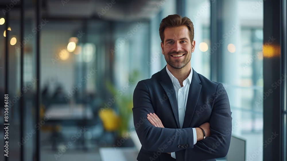 Confident businessman with arms folded smiling in modern office - Professional corporate leadership and positive workplace environment Confident businessman with arms folded smiling in modern office - Professional corporate leadership and positive workplace environment